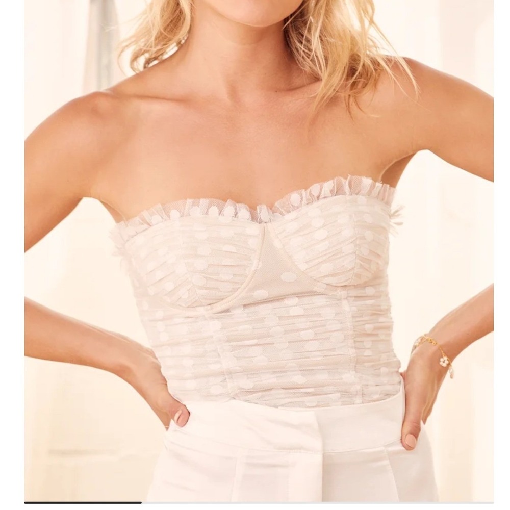 Lulus Willow Polka Dot‎ Mesh Ruched Bustier Crop Top Womens Medium Beige